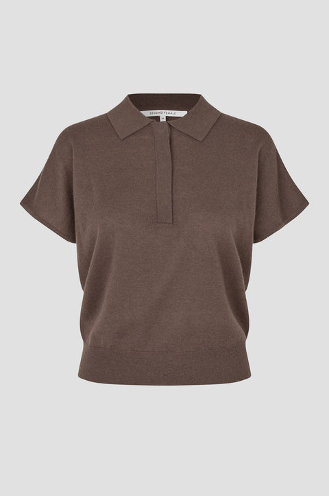 Second Female Claro Carafe Wool Polo - Close-Up of Classic Polo Collar and Ribbed Arm Hole Detail