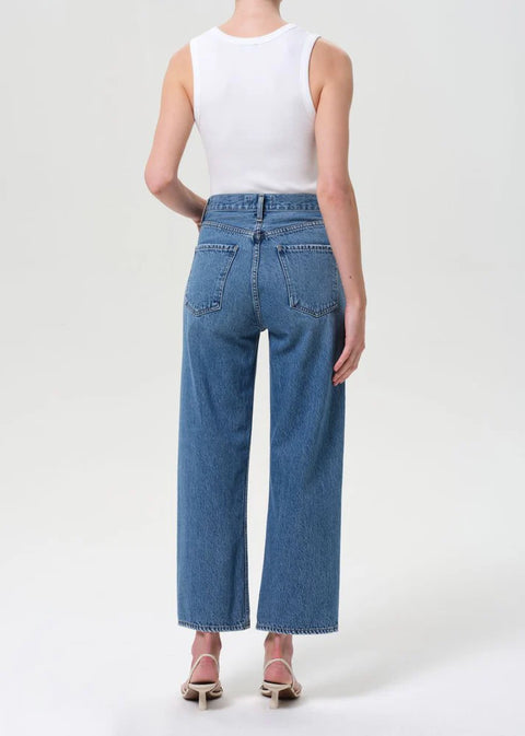 AGOLDE Ren Jean Shrine in medium indigo blue, soft touch denim no stretch, high-rise waist and cropped wide leg