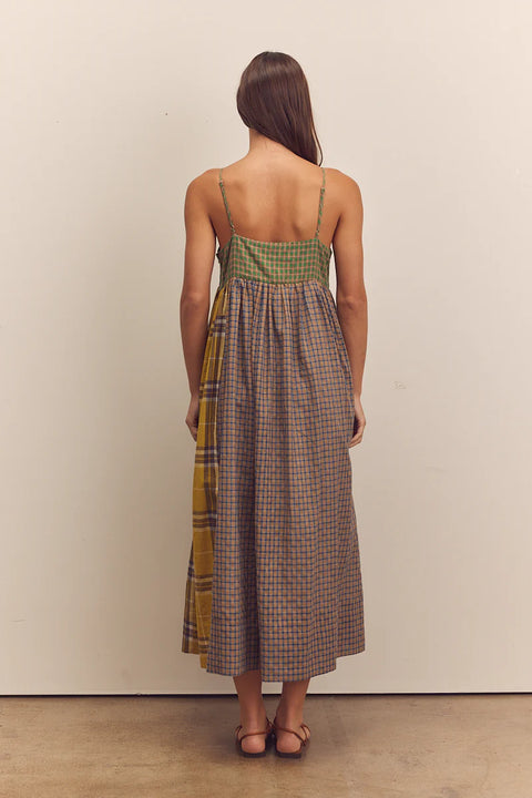 Amente Contrast Cami Dress in Mixed Print, checkered green, plaid, Long dress, flowy, aline, sleeveless