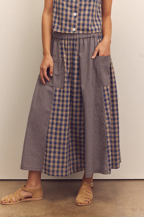 Amente Cotton Gingham Paneled Midi Skirt in Blue. Checkered midi skirt, paneled, flowy, with pockets