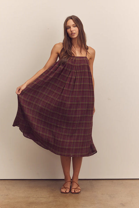 Amente, Pleated Cami Dress in Berry colour, Long dress, flowy, aline, sleeveless