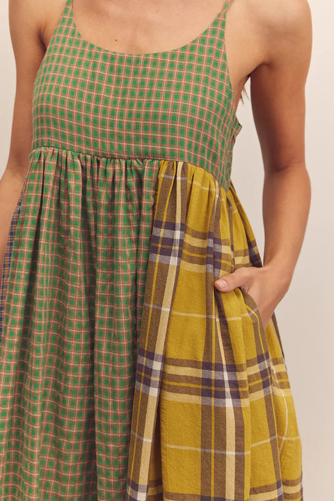 Amente Contrast Cami Dress in Mixed Print, checkered green, plaid, Long dress, flowy, aline, sleeveless
