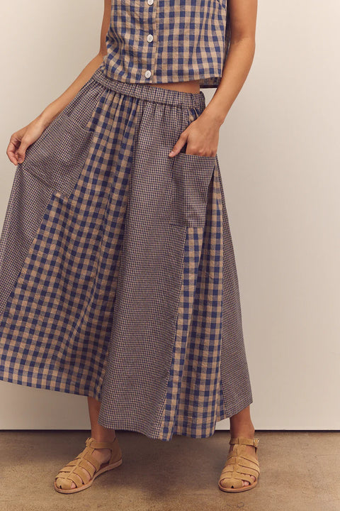 Amente Cotton Gingham Paneled Midi Skirt in Blue. Checkered midi skirt, paneled, flowy, with pockets