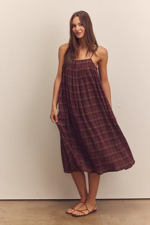 Amente, Pleated Cami Dress in Berry colour, Long dress, flowy, aline, sleeveless