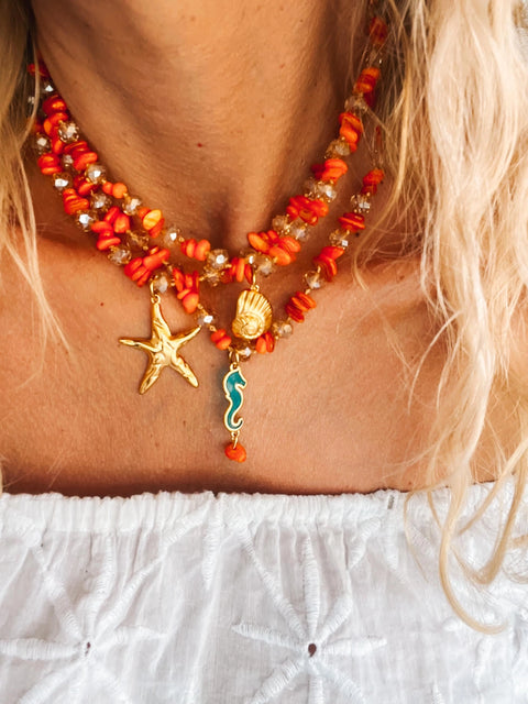 Goupi Necklace 10 | Orange Beaded Semiprecious Chips Necklace | Shell