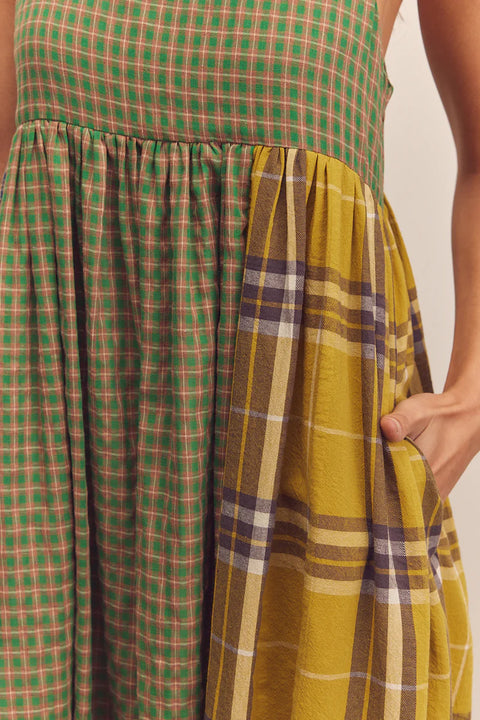 Amente Contrast Cami Dress in Mixed Print, checkered green, plaid, Long dress, flowy, aline, sleeveless