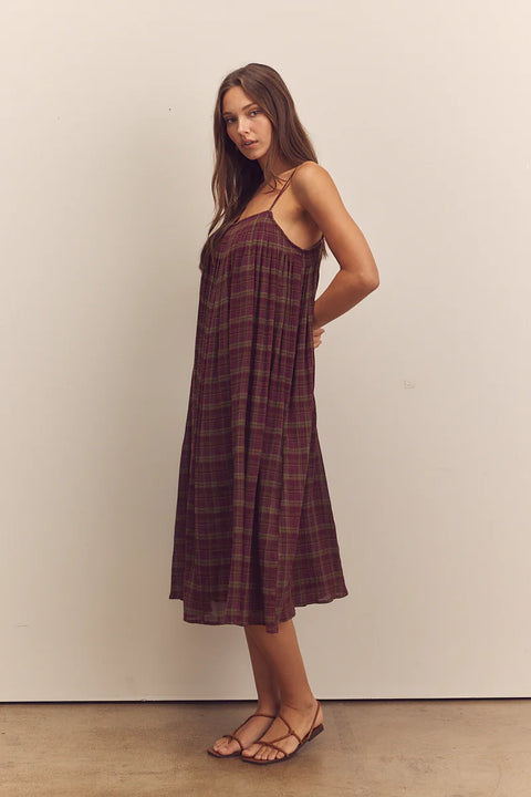 Amente, Pleated Cami Dress in Berry colour, Long dress, flowy, aline, sleeveless