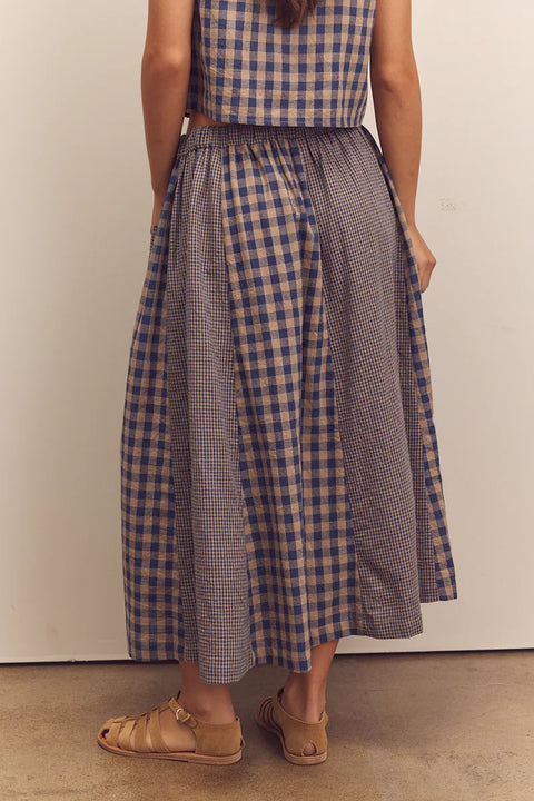 Amente Cotton Gingham Paneled Midi Skirt in Blue. Checkered midi skirt, paneled, flowy, with pockets