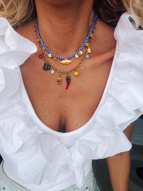 Goupi Necklace 05 | Blue Beaded Multi Charm Summer Necklace