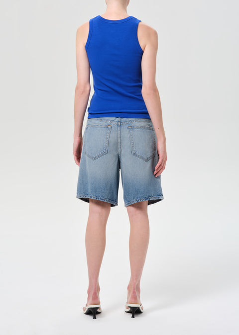 AGOLDE Indra Short Reset - Close-Up of Clean Finished Hem and Soft Lyocell Recycled Cotton Denim Fabric