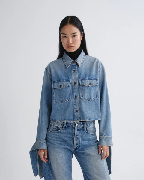 AGOLDE Hewitt Strap Shirt in Index - Women's Cropped Regenerative Cotton Denim Shirt in Medium Indigo Wash with Oversized Flap Pockets, Pointed Collar and Extended Cuff Ties