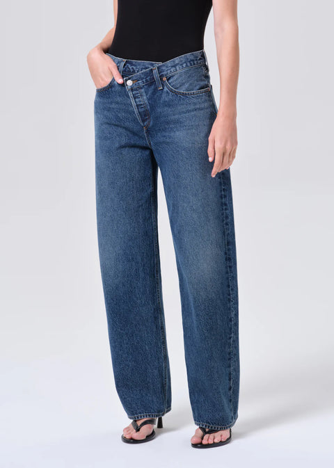 dark indigo denim with criss Cross waistband and curved leg shape