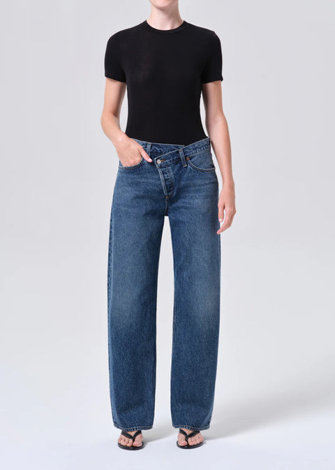 dark indigo denim with criss Cross waistband and curved leg shape