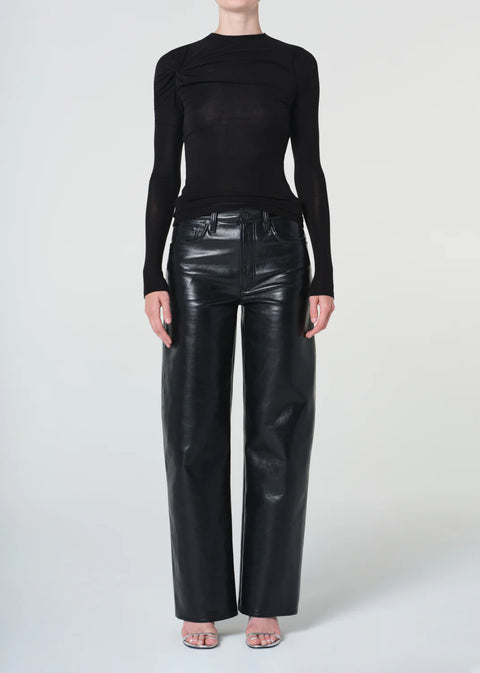 black recycled leather pants, wide leg, mid rise waist