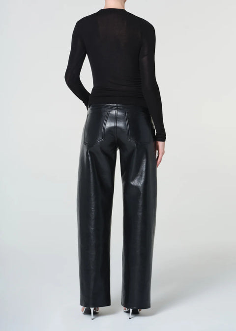 black recycled leather pants, wide leg, mid rise waist