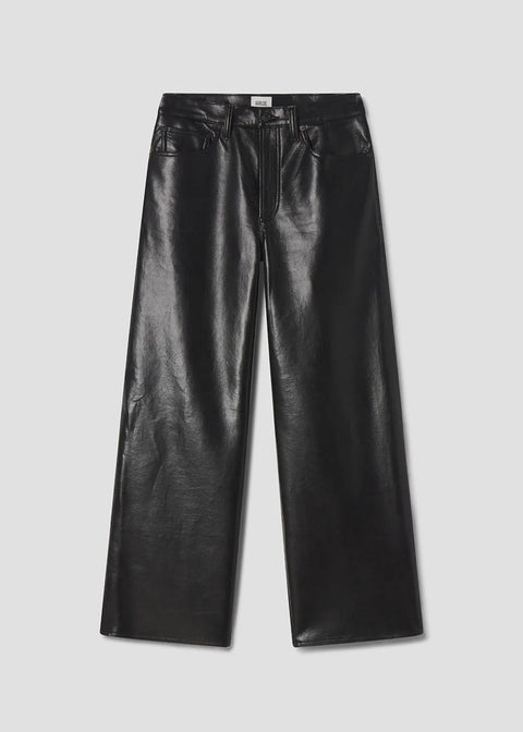 black recycled leather pants, wide leg, mid rise waist
