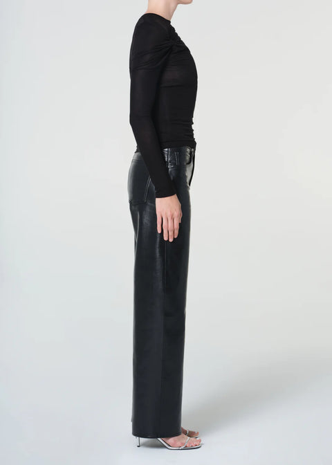 black recycled leather pants, wide leg, mid rise waist