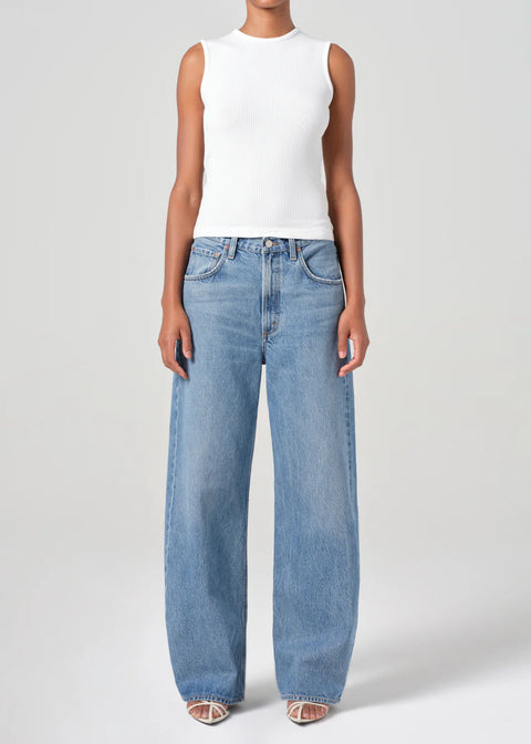 AGOLDE Low Curve Jean mid rise fit, curved outset and subtle taper, blue wash, vintage