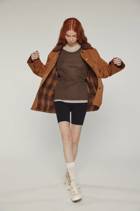 Durable cotton jacket, worker jacket style with buttons down the front, boxy fit, patch pockets, 100% cotton. Amente Cotton Worker Jacket in Brown