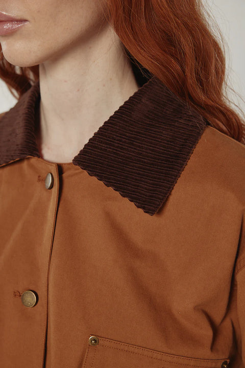 Durable cotton jacket, worker jacket style with buttons down the front, boxy fit, patch pockets, 100% cotton. Amente Cotton Worker Jacket in Brown