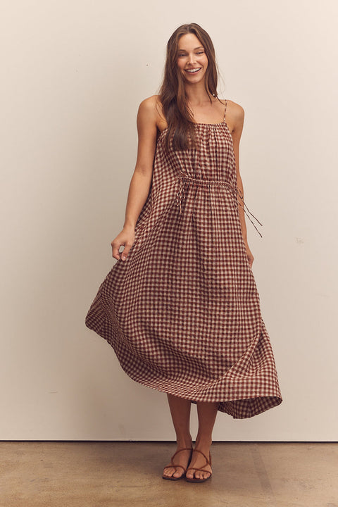 Amente Gingham Front Shirring Ankle Cami Dress in Brick. Long dress, flowy, aline, sleeveless, front tie
