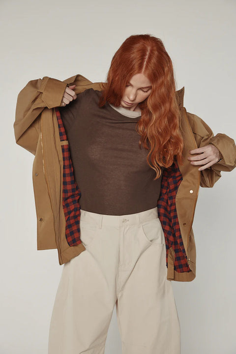 Utility inspired jacket, with adjustable waist tie, flap pockets. Amente Tie-Waist Cotton Jacket light brown Khaki