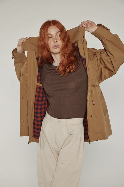 Utility inspired jacket, with adjustable waist tie, flap pockets. Amente Tie-Waist Cotton Jacket light brown Khaki