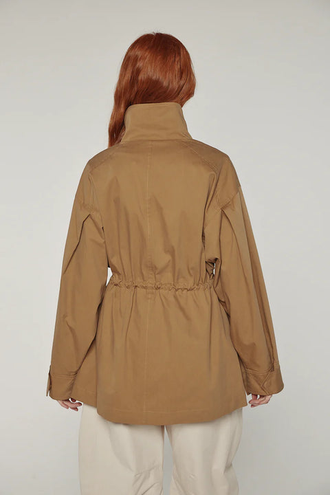 Utility inspired jacket, with adjustable waist tie, flap pockets. Amente Tie-Waist Cotton Jacket light brown Khaki