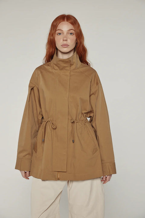 Utility inspired jacket, with adjustable waist tie, flap pockets. Amente Tie-Waist Cotton Jacket light brown Khaki