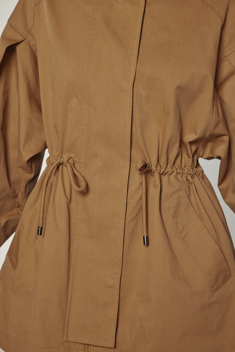 Utility inspired jacket, with adjustable waist tie, flap pockets. Amente Tie-Waist Cotton Jacket light brown Khaki