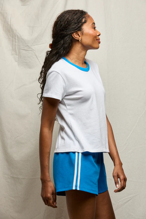 Perfect White Tee Perfect White Tee Billie Ringer Tee in White with Cobalt: features cotton