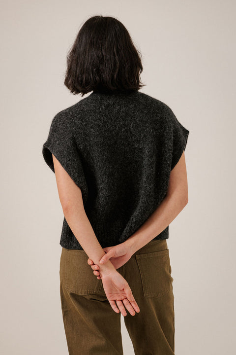 Bare Knitwear Alpaca Vest Basalt - Styled Layering Shot Worn as Transitional Dark Neutral Outer Layer
