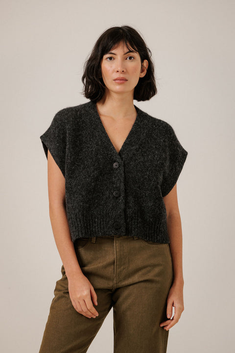 Bare Knitwear Alpaca Button Down Vest in Basalt - Women's Relaxed Boxy Hand-Loomed Baby Alpaca Merino Vest in Dark Grey, Made in Peru