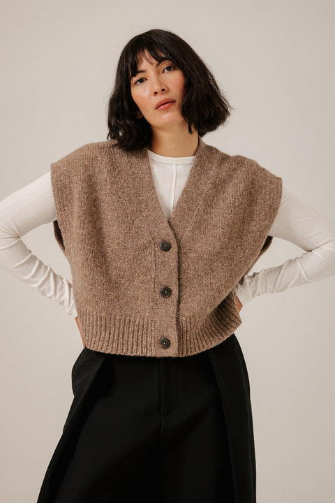Bare Knitwear Alpaca Button Down Vest in Dark Fawn - Women's Relaxed Boxy Hand-Loomed Baby Alpaca Merino Vest, Made in Peru