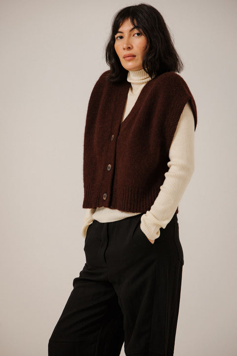Bare Knitwear Deep Maroon Alpaca Vest - Front View Showing Button Down Front and Relaxed Boxy Lofty Knit
