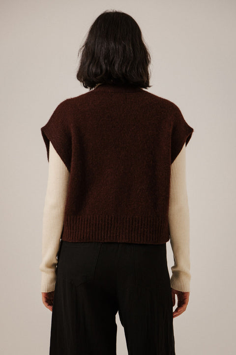 Bare Knitwear Alpaca Vest Deep Maroon - Styled Layering Shot Worn Over Shirt as Transitional Outer Layer