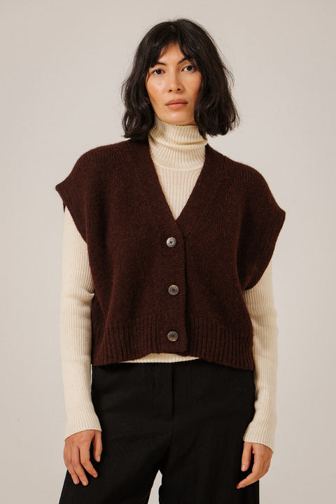 Bare Knitwear Alpaca Button Down Vest in Deep Maroon - Women's Relaxed Boxy Hand-Loomed Baby Alpaca Merino Vest, Made in Peru