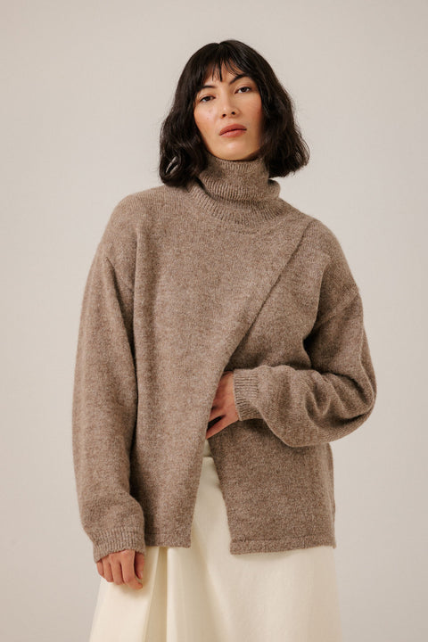 Bare Knitwear Asymmetric Funnel Neck in Dark Fawn - Women's 100% Baby Alpaca Brushed Mid-Weight Sweater with Asymmetric Crossover Front and Softly Shaped Funnel Neck, Made in Peru