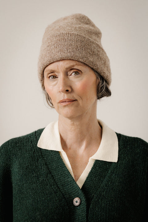 Bare Knitwear Andes Alpaca Beanie - Side View Showing Seamless Hand-Loomed Construction and Brushed Baby Alpaca Finish
