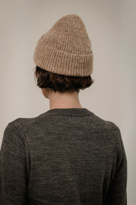 Bare Knitwear Baby Alpaca Rib Beanie - Styled On-Head Shot Showing Classic Everyday Beanie Fit