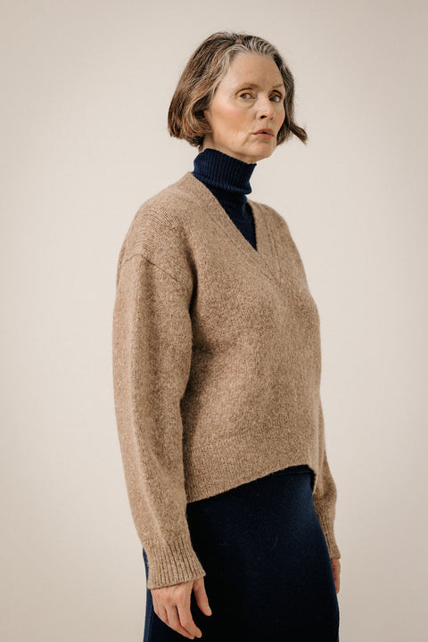Bare Knitwear Boxy Alpaca V Neck in Dark Fawn - Women's Baby Alpaca Merino Timeless Boxy V-Neck Sweater with Deep V and Curved High-Low Hem, Made in Peru