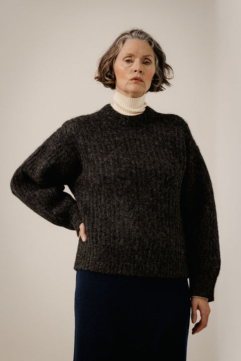 Bare Knitwear Lofty Alpaca Crewneck in Basalt - Women's Oversized Brushed Alpaca Recycled Polyamide Crewneck with Ribbed Volume Texture, Made in Peru
