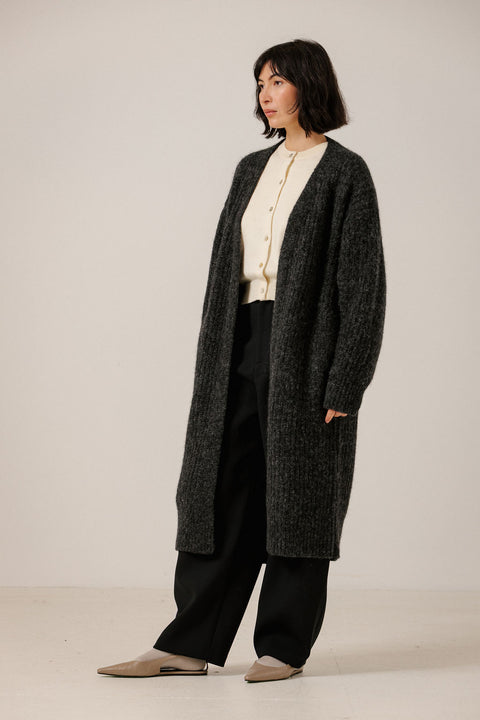 Bare Knitwear Lofty Alpaca Midi Cardigan in Basalt - Women's Oversized Open-Front Alpaca Recycled Polyamide Rib Stitch Midi Cardigan, Made in Peru