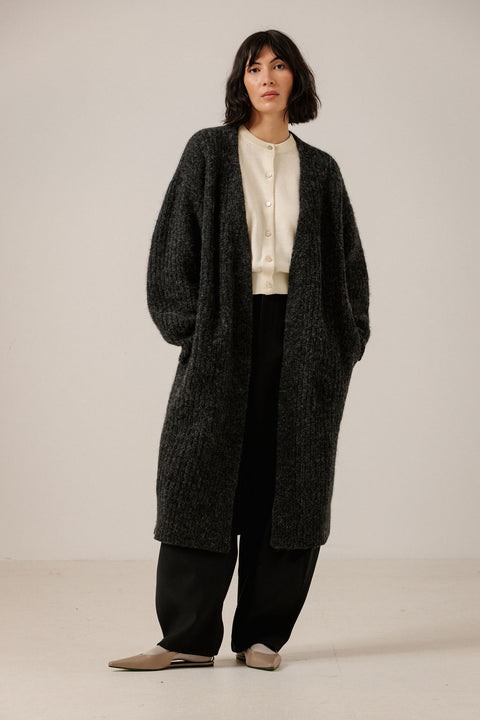 Bare Knitwear Lofty Midi Cardigan Basalt - Side View Highlighting Coat-Like Presence and Voluminous Alpaca Rib