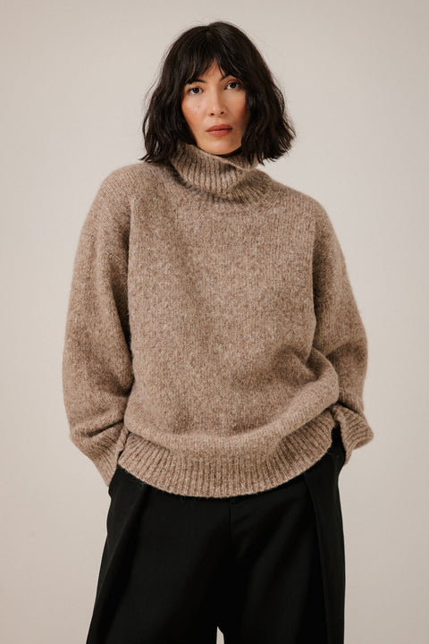 Bare Knitwear Oversized Alpaca Turtleneck in Dark Fawn - Women's 56% Alpaca 44% Pima Cotton Lofty Textured Turtleneck with Ribbed Finish, Made in Peru