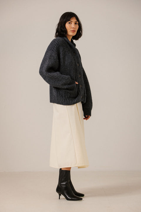 Bare Knitwear Dark Navy Shawl Cardigan - Front View Showing Voluminous Oversized Drape and Lofty Textured Alpaca Knit