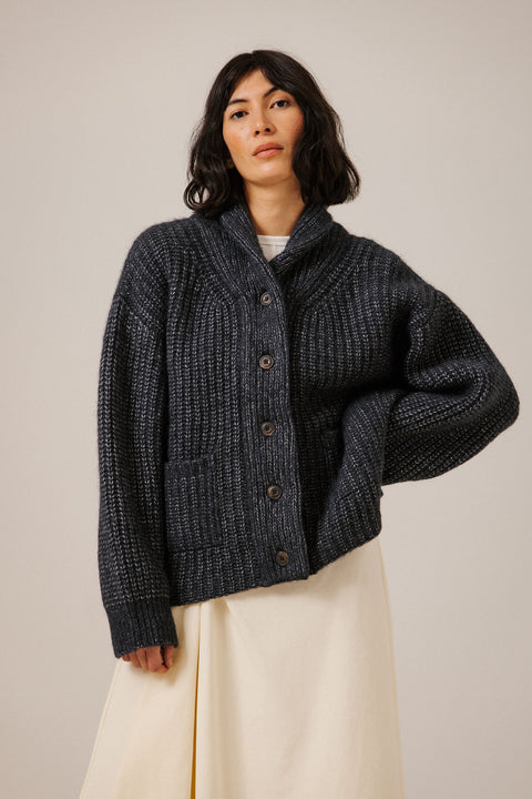 Bare Knitwear Oversized Shawl Cardigan in Dark Navy - Women's Lofty Alpaca Pima Cotton Textured Shawl Cardigan, Made in Peru