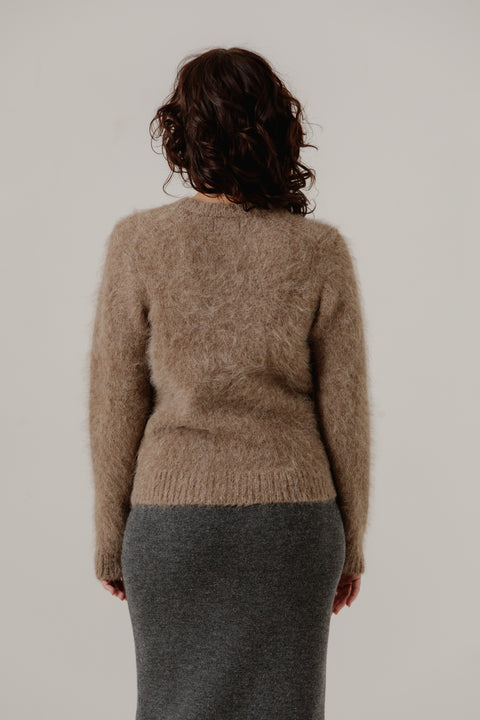 Alpaca wool crewneck brown sweater, relaxed classic fit, long sinking fibres/textured sweater, brand is bare knit