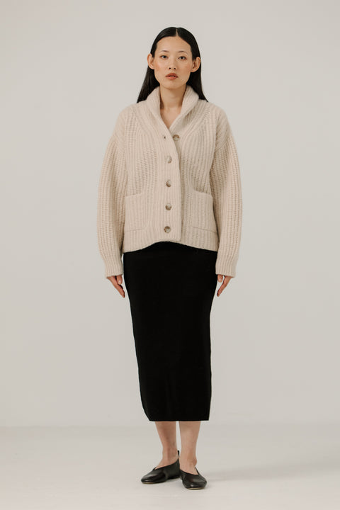 Alpaca and cotton cardigan, oversized fit, 4 button and cowl neck, light weight. Brand is Bare Knit.