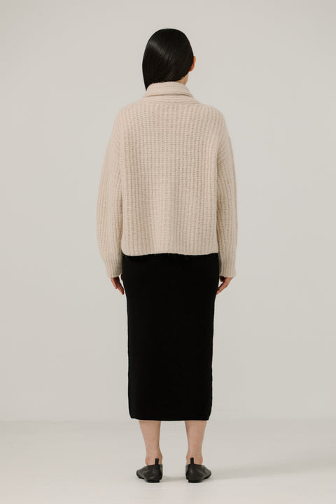 Alpaca and cotton cardigan, oversized fit, 4 button and cowl neck, light weight. Brand is Bare Knit.